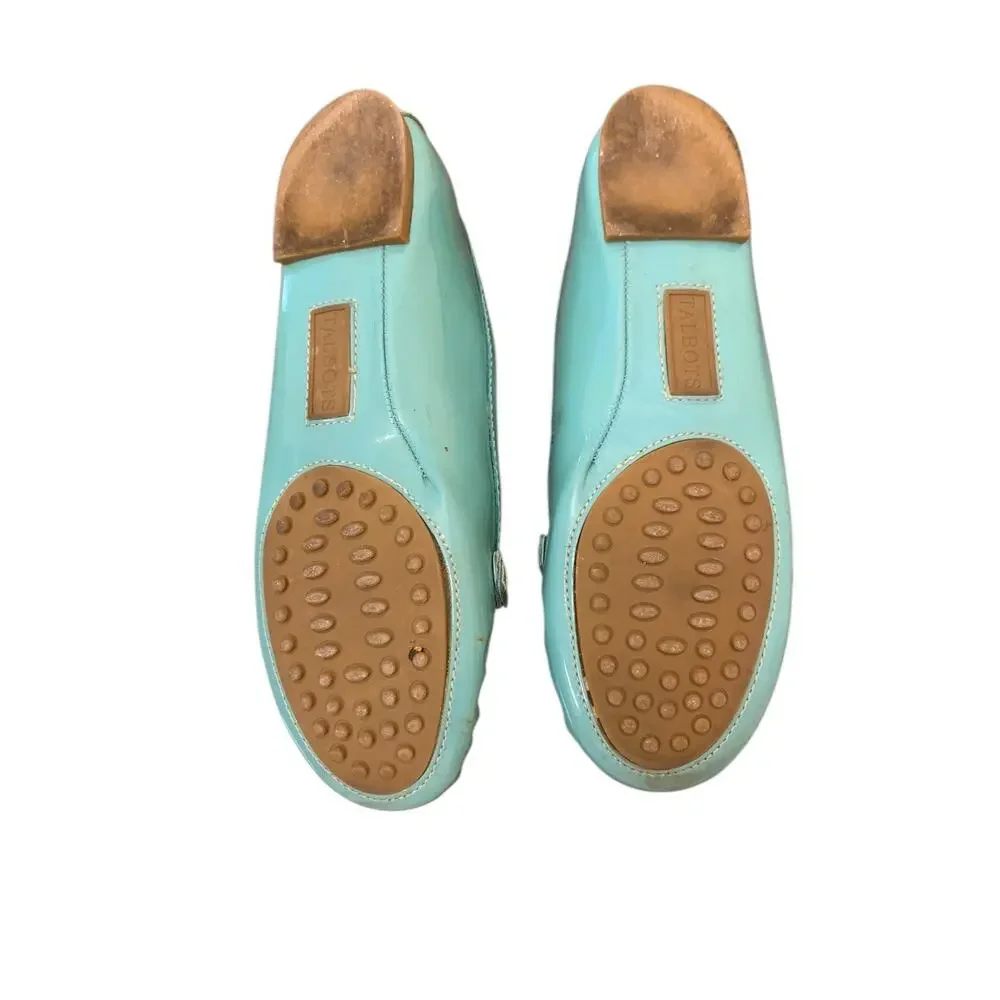 Talbots Teal Patent Leather Loafers Womens 6.5 B Chain Link Flats Brazil